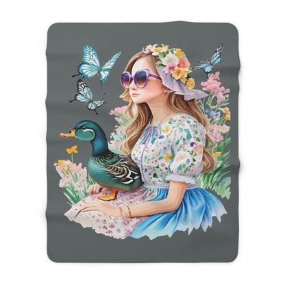 Home Decor 60" × 80" "Floral Girl with Duck Sherpa Fleece Blanket"