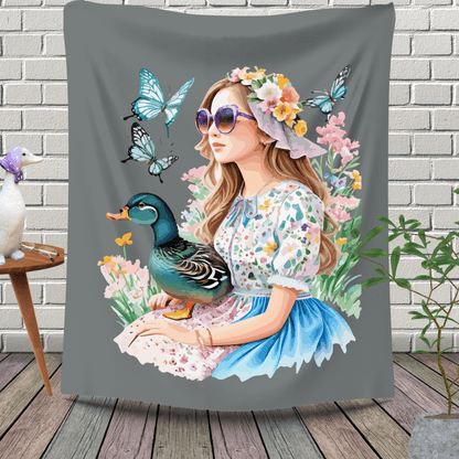 Home Decor 60" × 80" "Floral Girl with Duck Sherpa Fleece Blanket"